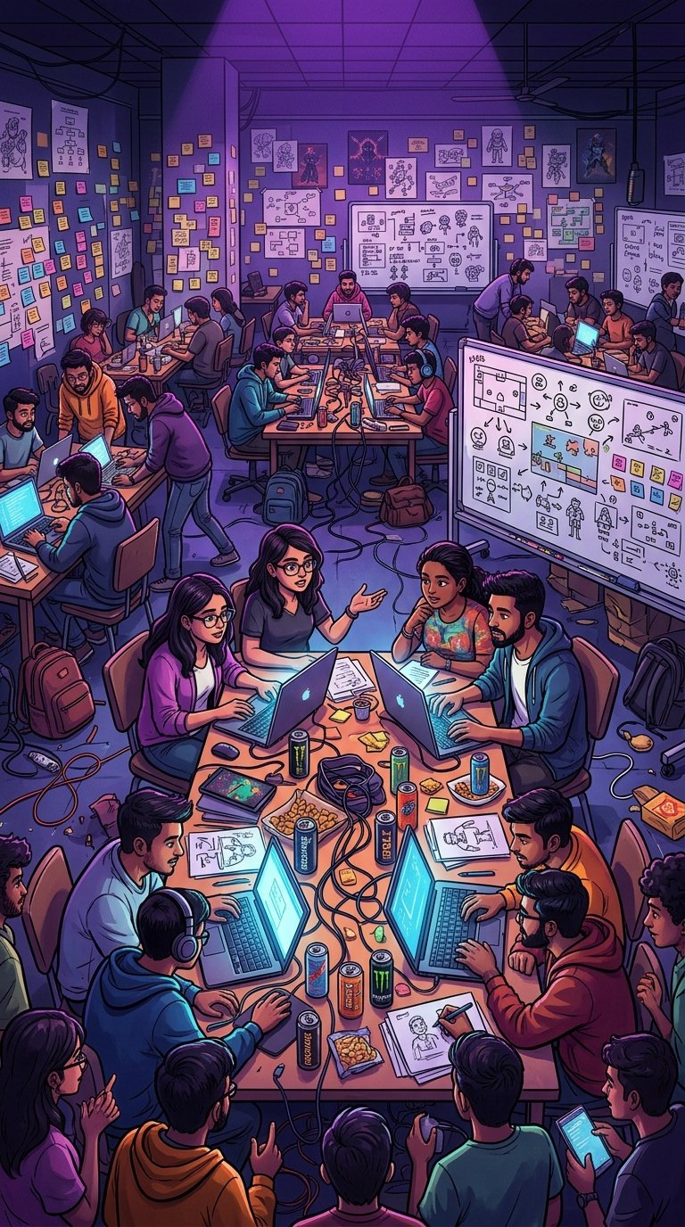 Game jam venue with developers working on laptops at shared tables